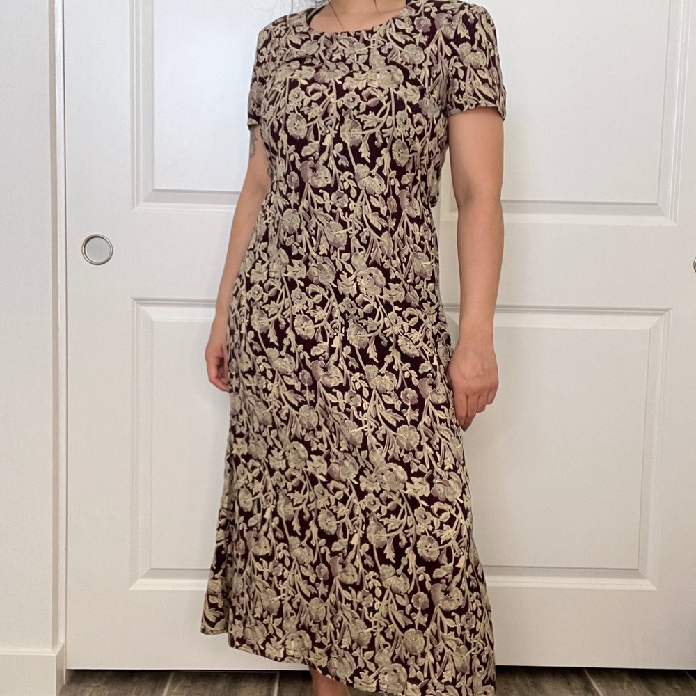 JBS Ltd Vintage Burgundy Cream Floral Short Sleeve Maxi Dress Tie Back‎ Size M